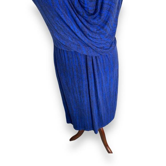 Halston Blue Draped Cowl Neck Dress Size 6 Frost Print Ruched Office Career EUC - Picture 5 of 6